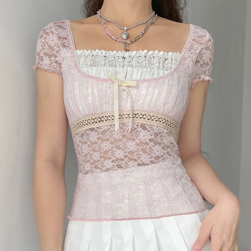 Sweet Girly Pink Lace Patchwork Pullover Jacket, French Square Collar, Lace-up, Slim-Fit T-shirt