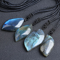 Natural Labradorite Necklace Pendant Moonstone Healing Crystal Stone Pendants with Hand-Woven Rope for Unisex Jewelry
