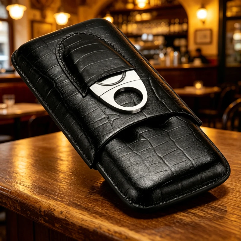 

Black Leather Cigar Case with Cutter Holds 3 Cigars Portable Travel Cigar Box Genuine Leather Material