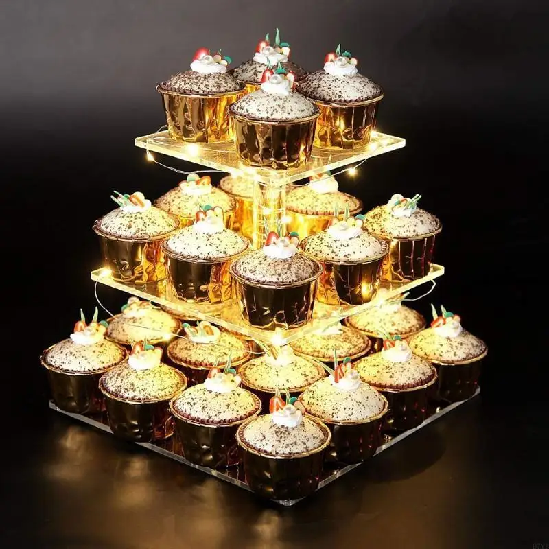 

D7YB Pastry Stand 3 Tier Acrylic Cupcake Display Stand with LED String Lights Weeding