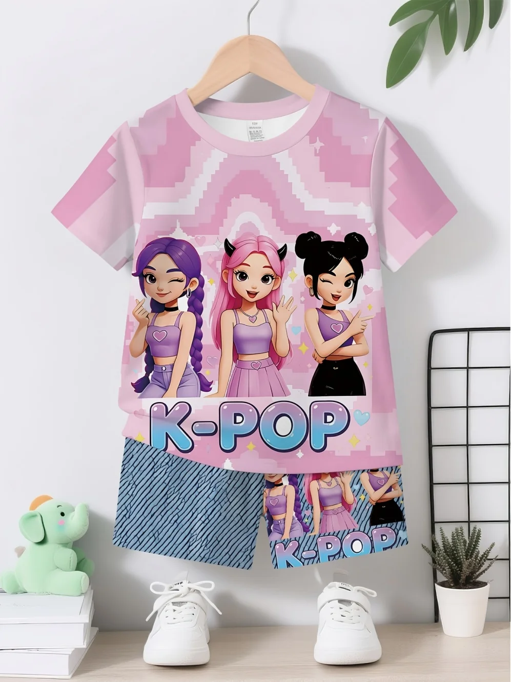 Summer Kpop Popular Cartoon Print Children Clothing Short Sleeve Shorts Set Featuring Casual Harajuku Children Clothes Girl Set
