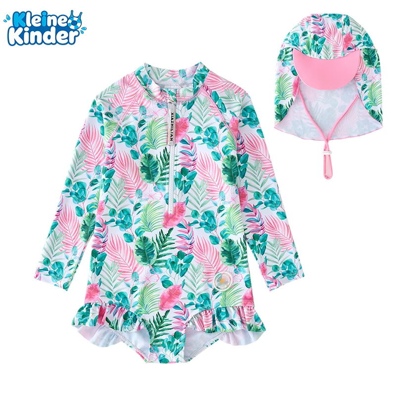 Girls Long Sleeve One Piece Swimsuit UPF 50+ Rash Guard with Sun Hat Tropical Palm Leaf Print Zipper Ruffle Swimwear Kids Beach