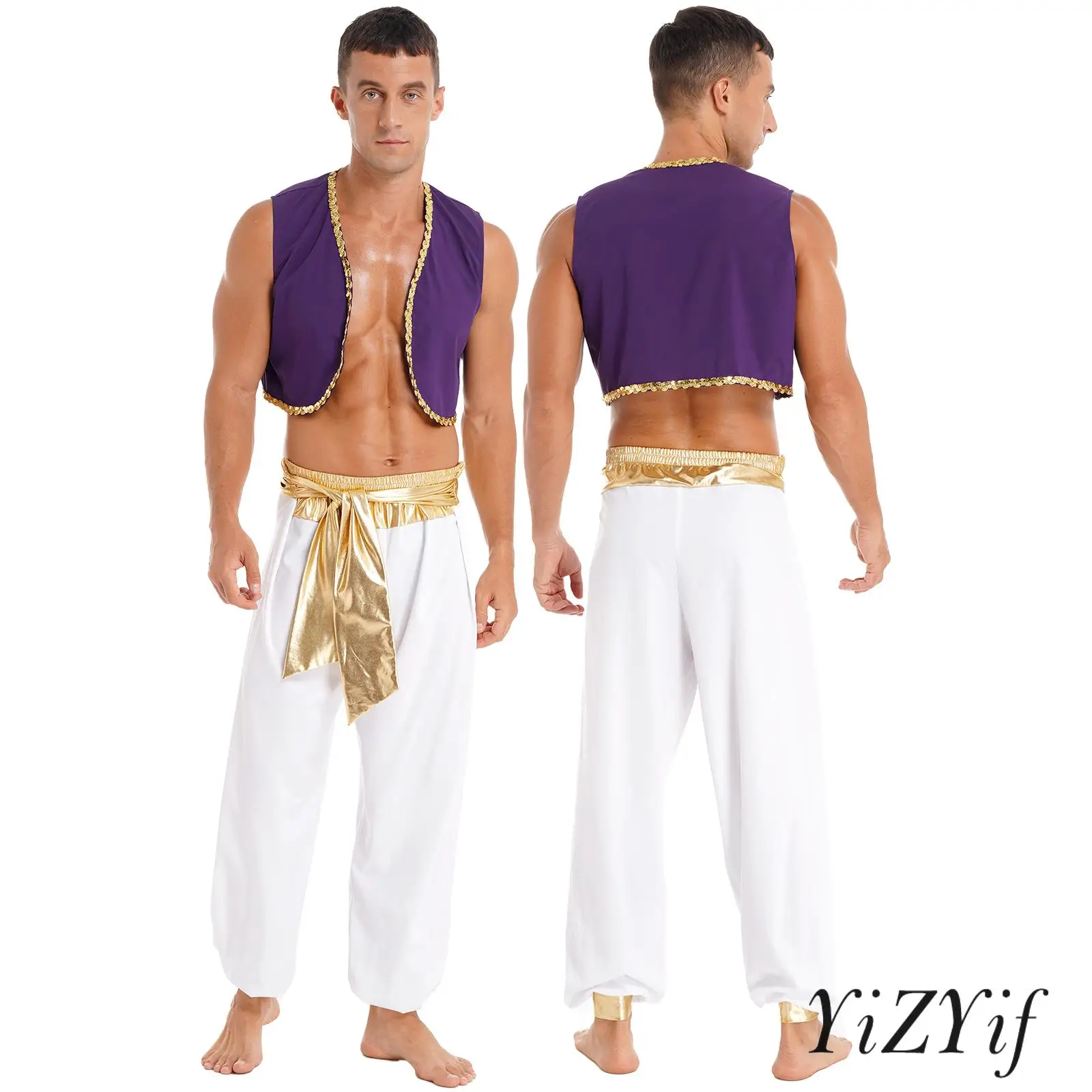

Mens Arabian Prince Cosplay Costume Velvet Waistcoat Vest with Pants Set Desert King Halloween Role Play Theme Party Dress Up