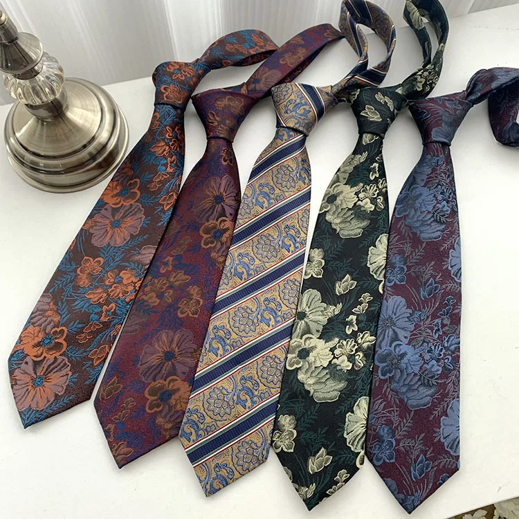 

Spot tie men's formal business Korean version 8cm dark brown retro orange big flower personalized British style