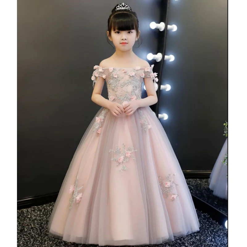 Glizt Appliques Lace Girl First Communion Dresses Floral Tulle Ball Gown Girls Pageant Gown Long Flower Girl Dress for Weddings