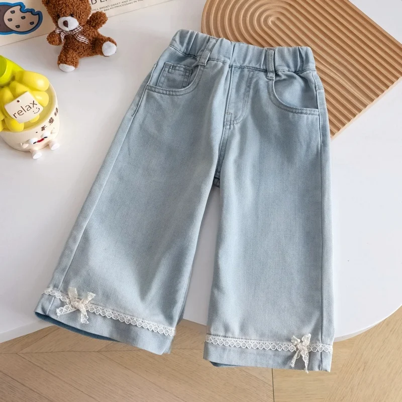 

Korean Version of Spring and Autumn Jeans for Girls 2026 New Sweet Lace Bow Wide-leg Versatile Pants Cute Trousers 2-7 Years Old