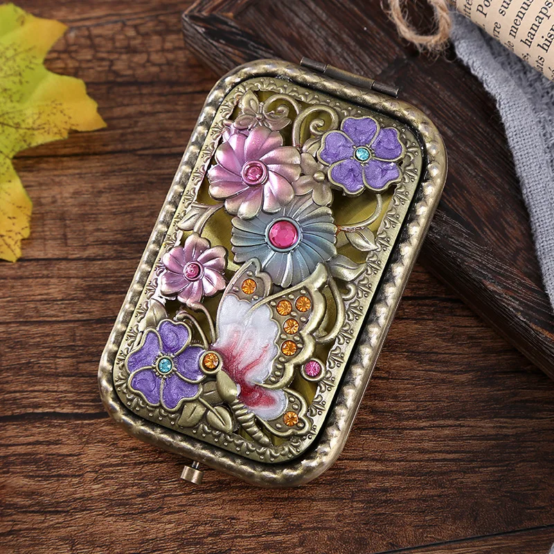 Retro European Metal Makeup Mirror Folding Double Sided Luxury Vintage Handheld Pocket Mirror Rectangular Dressing Gift Mirror