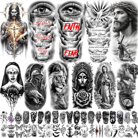 68 Sheets Jesus Pray Lion Warrior Temporary Tattoos For Men Women Faith Engraved Tatoos Waterproof Realistic Fake Tattoo Sticker