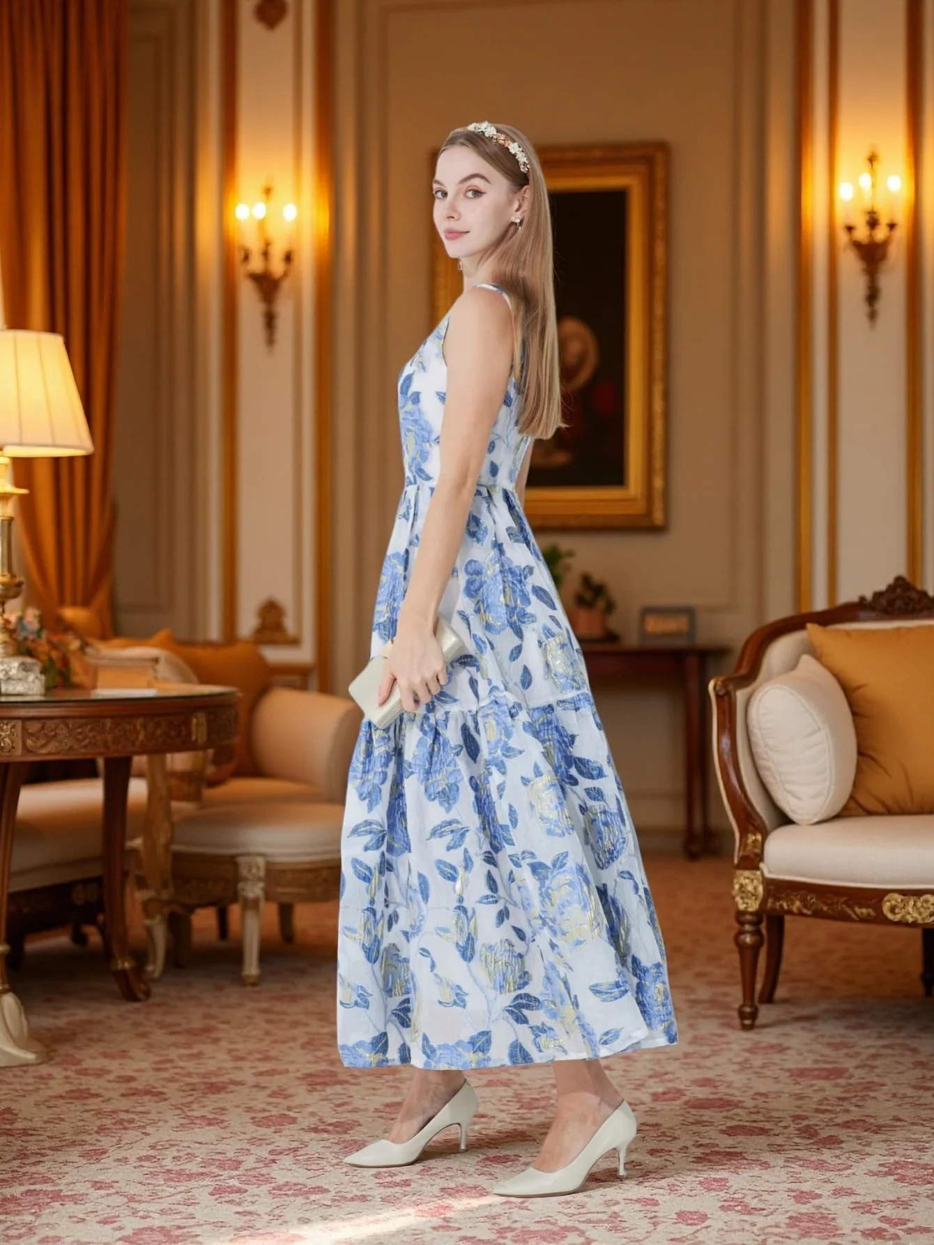2026 Spring Summer New Luxury Heavy-Duty 3D Gold Thread Jacquard Sleeveless Waist-Cinching Full-Skirt Banquet Gown