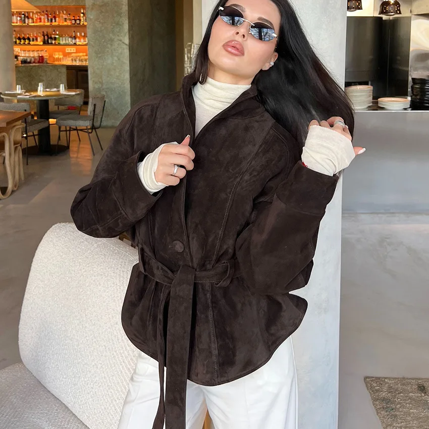 

2025 New Retro Suede Long-Sleeved Jacket Coat Autumn Winter Female V Neck Lace Up Jacket Winter Commute Office Lady Outerwear