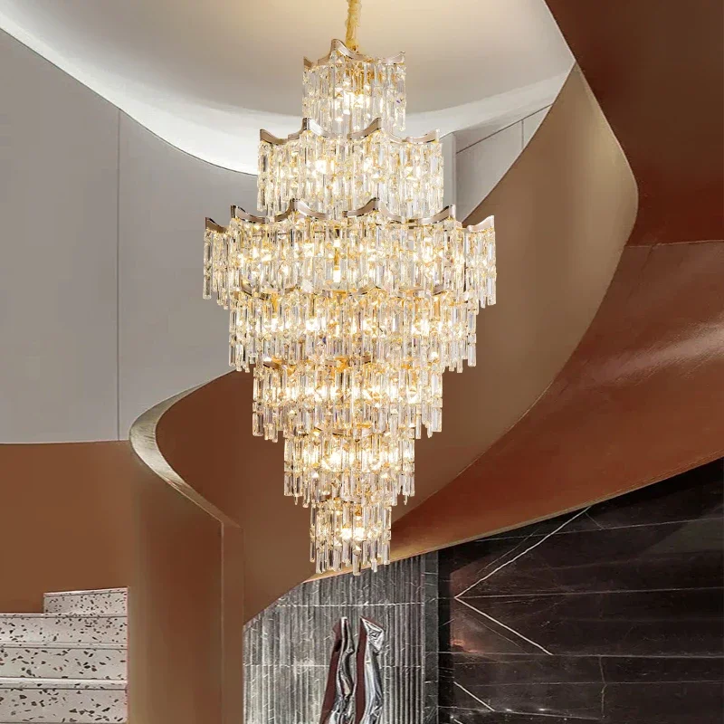 Duplex building villa living room simple post-modern light luxury hollow crystal long chandelier