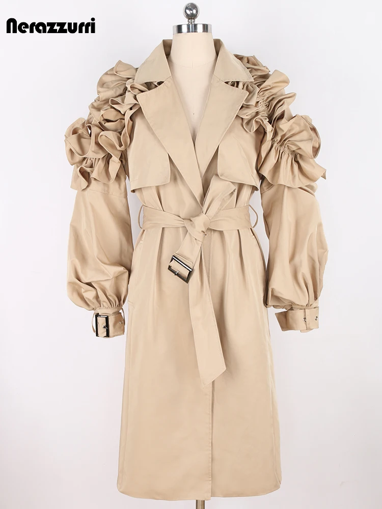 Nerazzurri Spring Autumn Runway Ruffled Khaki Long Trench Coat for Women Belt Elegant Chic Modest Luxury Designer Clothes 2024