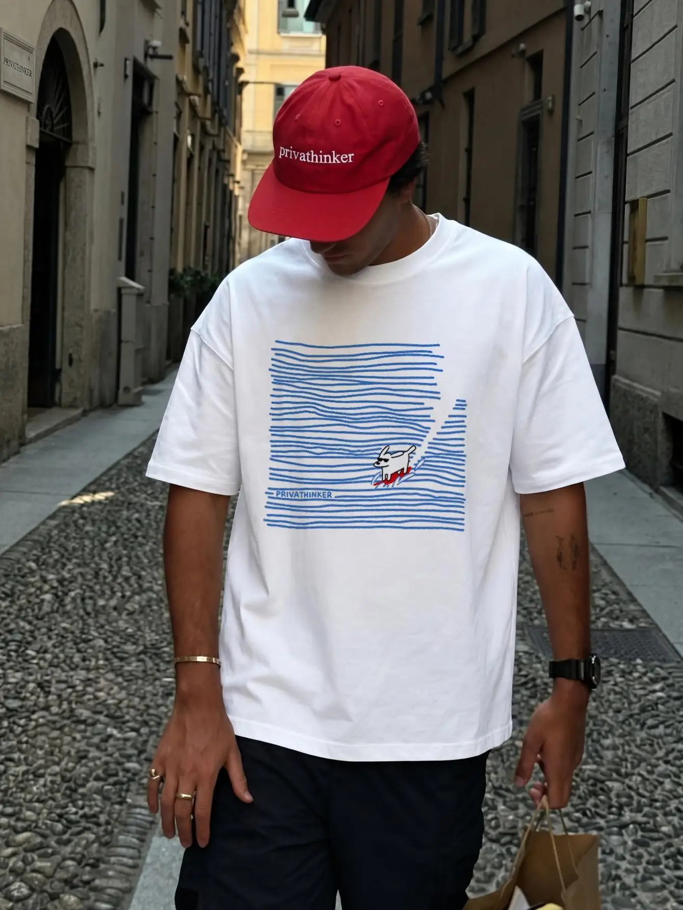 Men 100% Cotton T Shirt Cute Surfing Dog Wave Line Graphic Short Sleeve Tee Casual Aesthetic Streetwear Summer Loose Tops