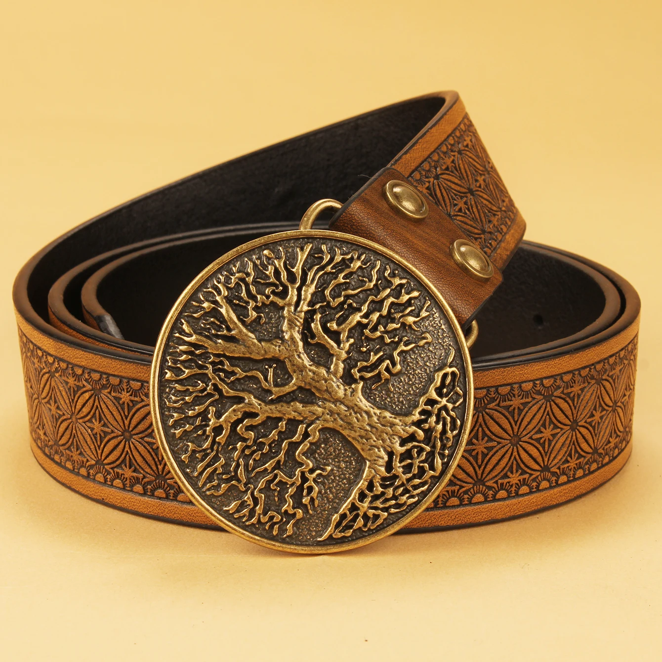 أحزمة جلدية للرجال والنساء - رعاة البقر الغربي - حزام عتيق بإبزيم منقوش عليه زهور للجينز