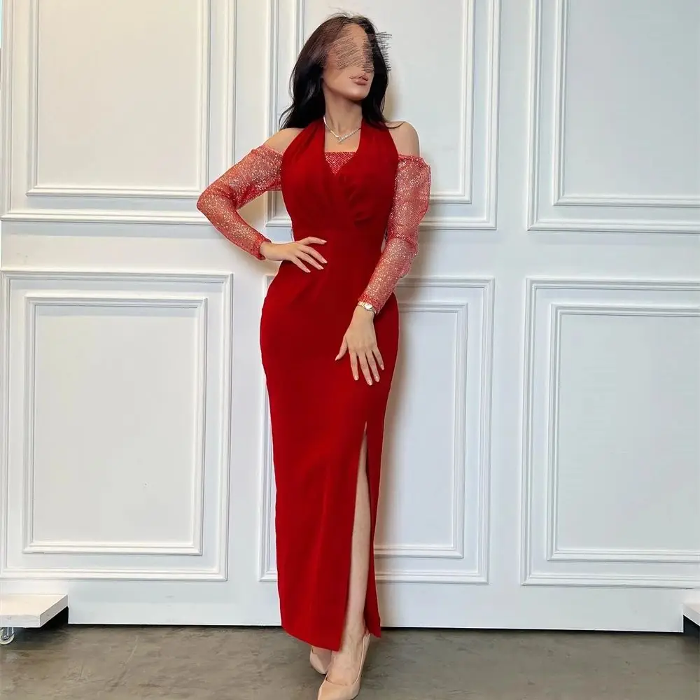 

Oisslec Prom Dresses Elegant Slit Halter Off the Shoulder Sheath Long Sleeve Party Dress Ankle Length Formal Evening Gown 칵테일드레스