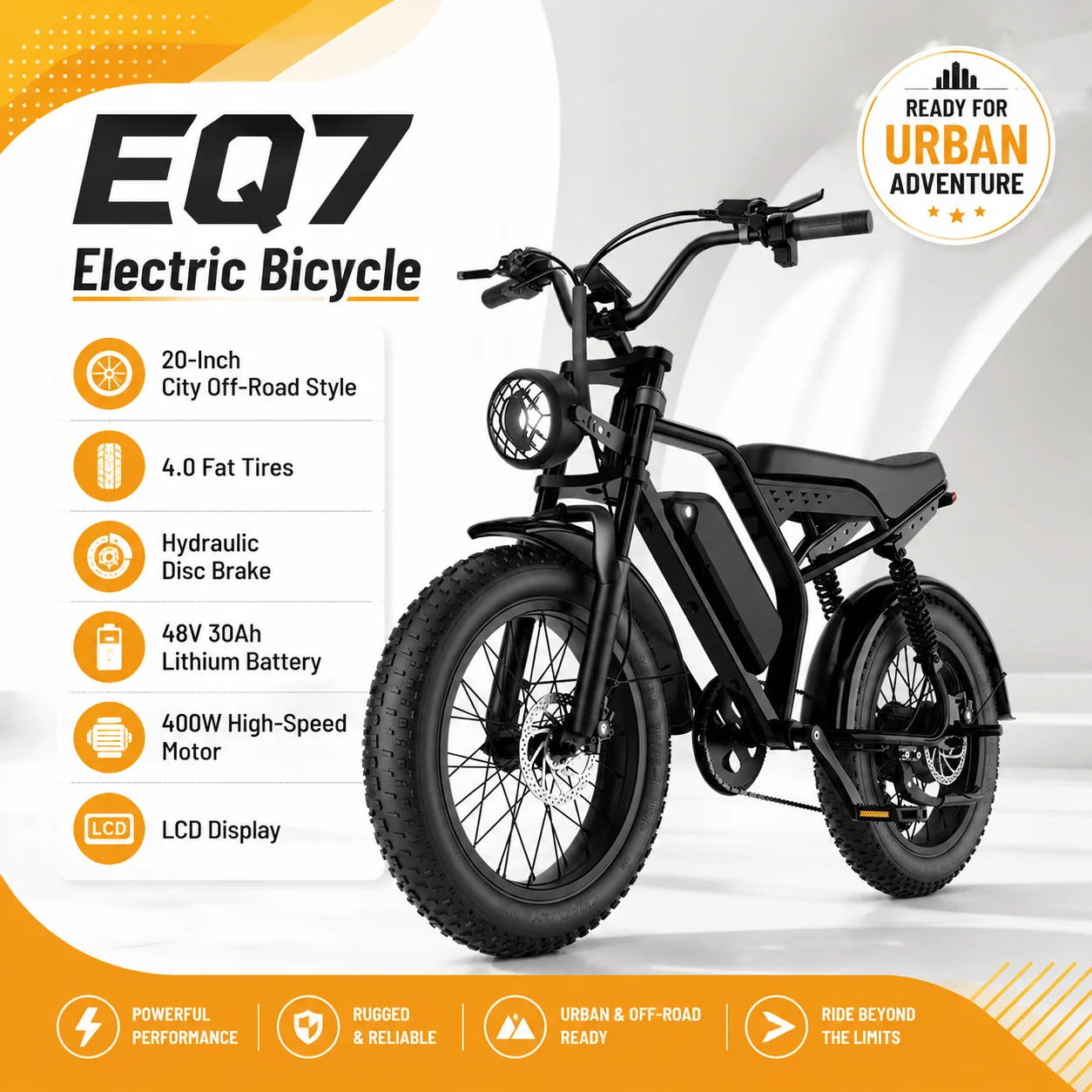 

EQ7 Urban Adventure E-Bike 400W Motor 48V 30Ah Lithium Battery 50–60KM Range Fat Tires Transmission and LCD Display