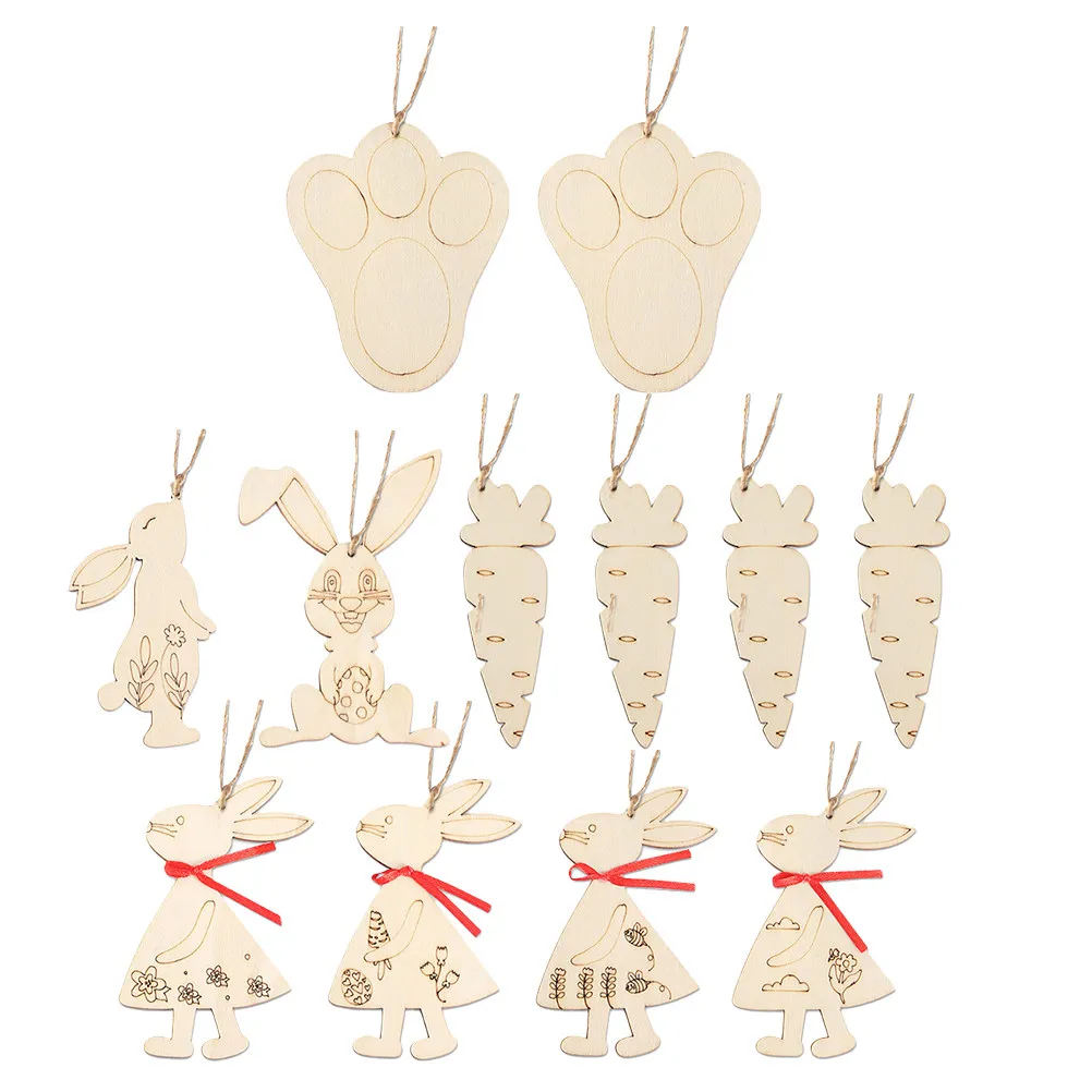 

12Pcs Unfinished Wooden Easter Hanging Bunny and Carrot Ornaments DIY Painting Craft for Spring Decorations Easter Wooden DIY