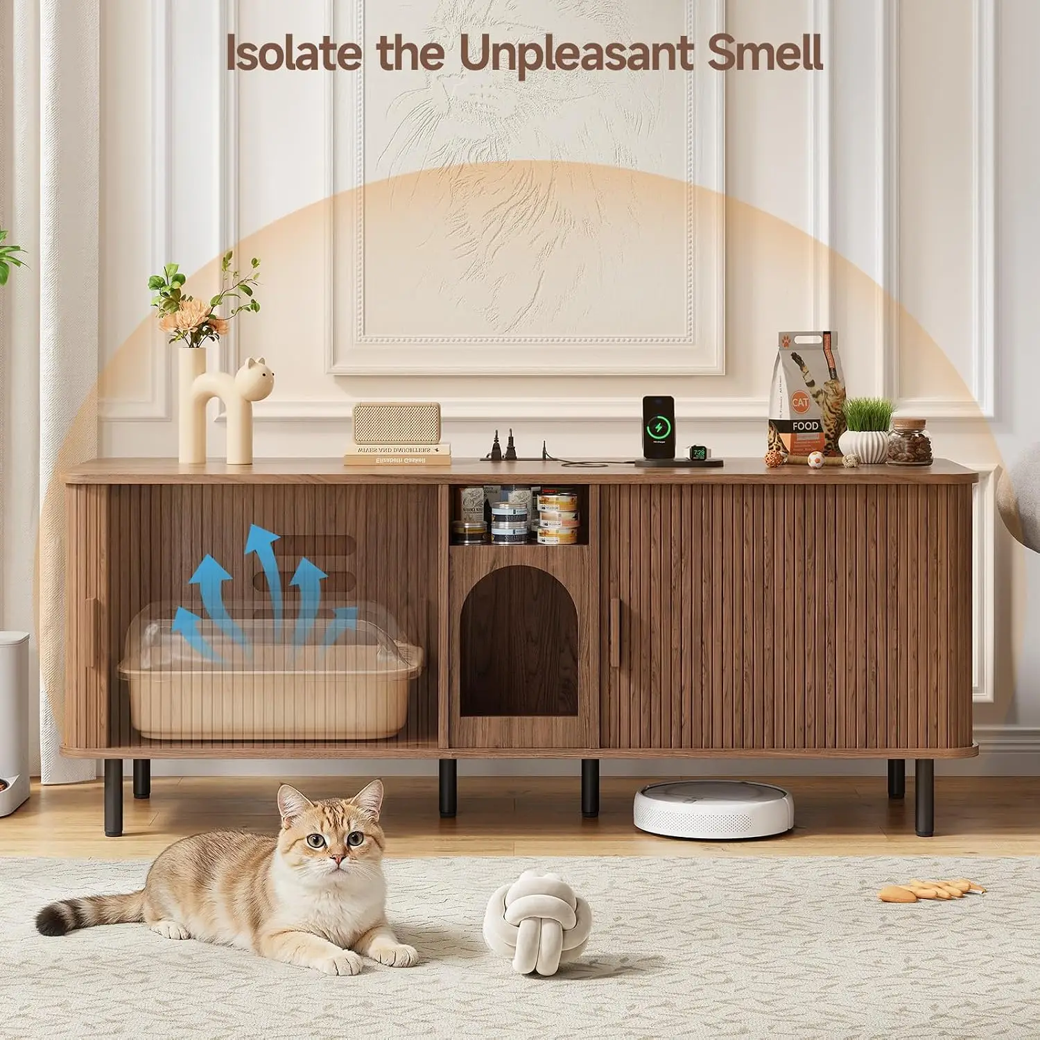 65 Inches Cat Litter Box Enclosure for 2 Cats, Walnut