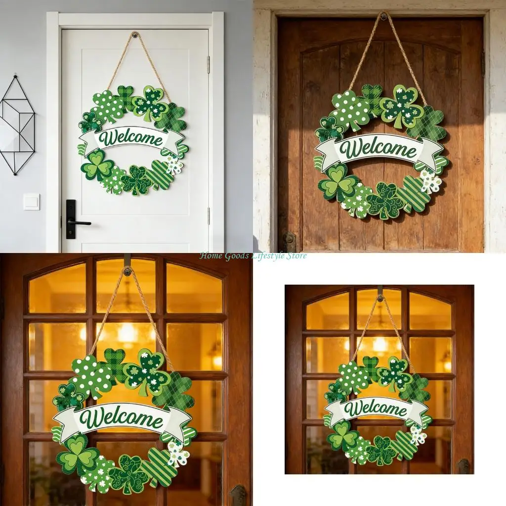 E74E Shamrock Wooden Door Wreath Wall Hanging Sign for Irish Festival Welcome Sign