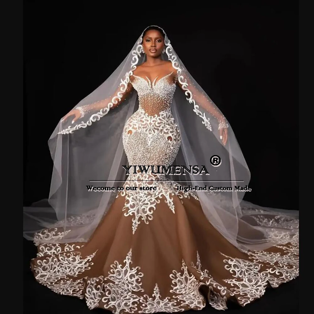 

African Bown Wedding Dresses Elegant Long Sleeves Appliques Illusion Crystals Beading Bridal Gowns Tailor-made Robe De Mariee