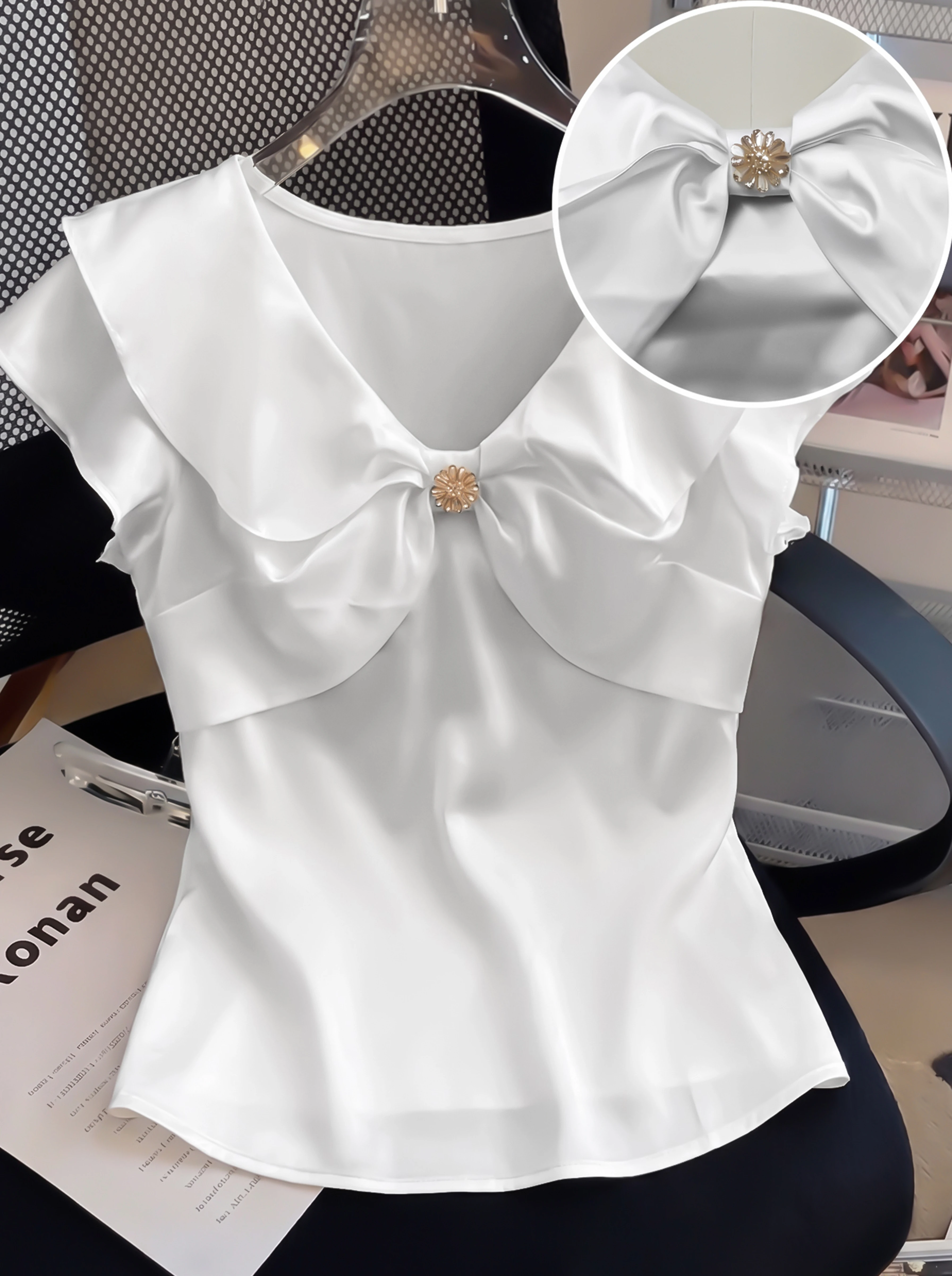 

Women's Plus Size White Satin Bow Neck Blouse V-Neck Short Sleeve Casual Office Shirt