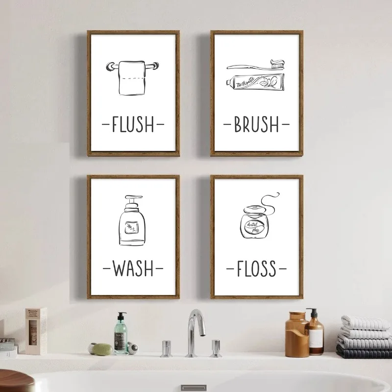 Wash Brush Floss Flush Kids Bathroom Wall Art Black and White Line Art Sign Poster Canvas Painting Print Picture Toilet Decor