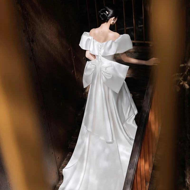 Custom Simple Off Shoulder Short Puff Sleeve Satin Mermaid Wedding Dress Lace Up Back Floor-Length Sweep Train Bridal Gown