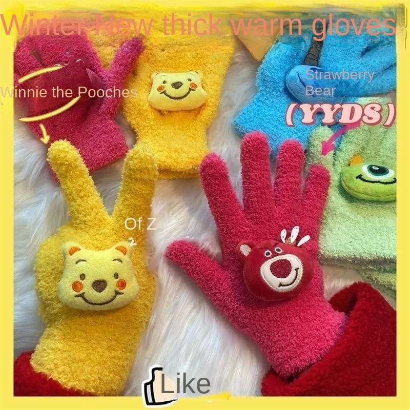 Disney Cartoon Lotso Cute and Versatile Student Girl Winter Thickened Warmth Comfortable Coldproof Commuting Cycling Gloves