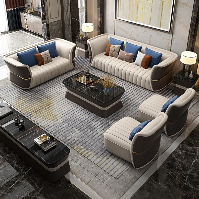

Modern European Style Luxury Villa Living Room Leather Sofa Set With Coffee Table TV Stand Furniture