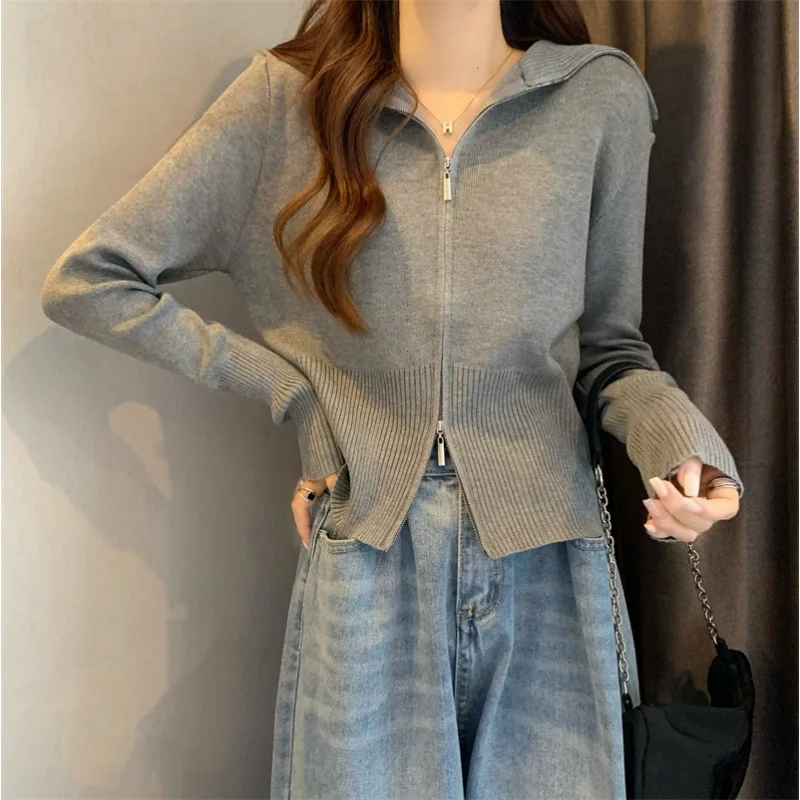 Dzianinowe swetry z zamkami błyskawicznymi, stójką, damskie, uliczne, khaki, kardigany z długim rękawem, topy, nowa kolekcja jesień 2025, damskie, jednolite, dzianiny.