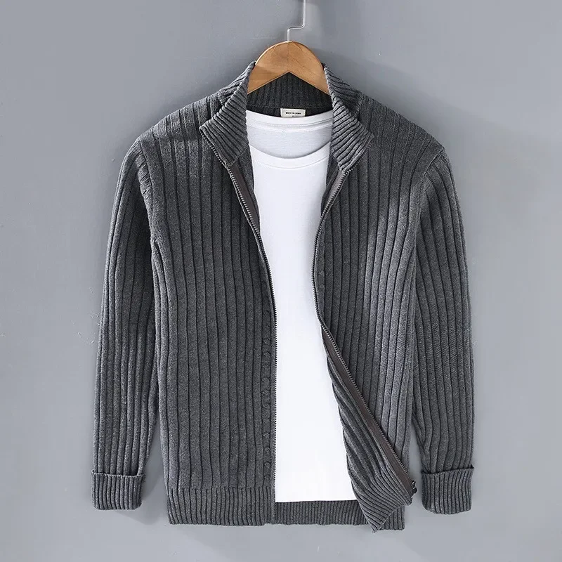 Cardigan de gola alta masculino, todo algodão, tricô espesso, cor sólida, roupas de rua alta, zíper, novo, outono e inverno, 2022