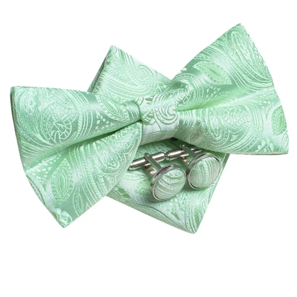 Sage Mint Grass Teal Green Silk Mens Bow Tie Hankerchief Cufflinks Set Pre-tied Butterfly Knot Bowtie for Male Wedding Business