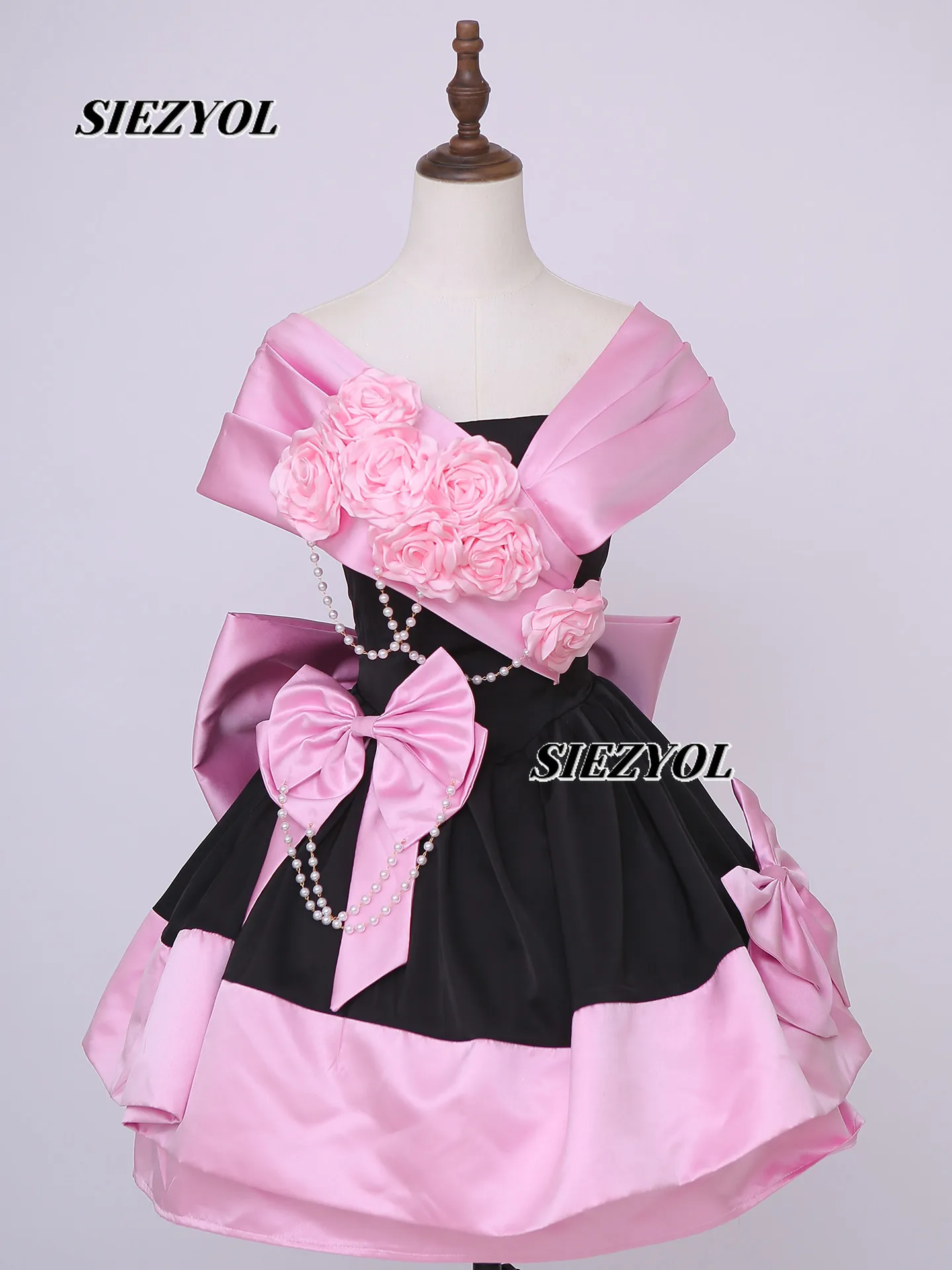 Lolita Sweet Girl Flower Bow Princess Dress Summer Contrast Color High Waist Off-shoulder Birthday Banquet Party Short Dress