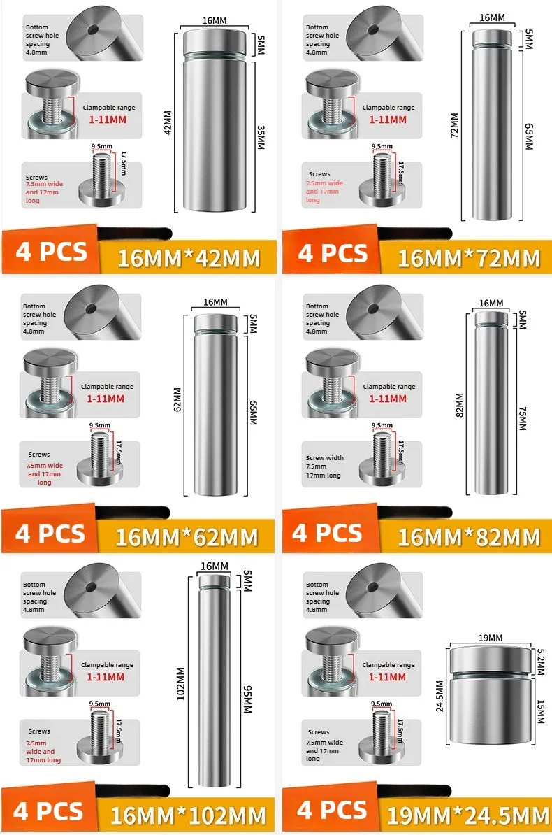 4 Stück Glasbefestigungen 12/16/19/25/40mm Edelstahl Acryl Werbeabstandshalter Stiftnägel Plakatwand-Befestigungsschrauben Hardware – Detail 6