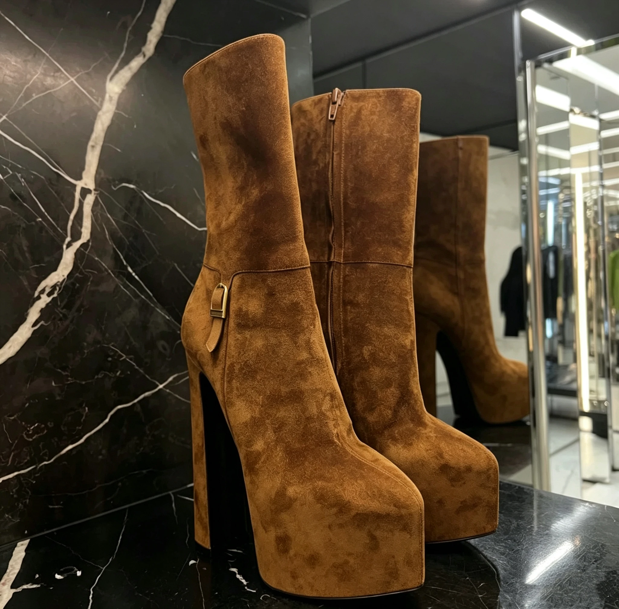 New Autumn/Winter Women's Brown Suede Platform Mid-Calf Boots Chunky High Heel Round Toe Side Zipper Gold Buckle Fashion Booties