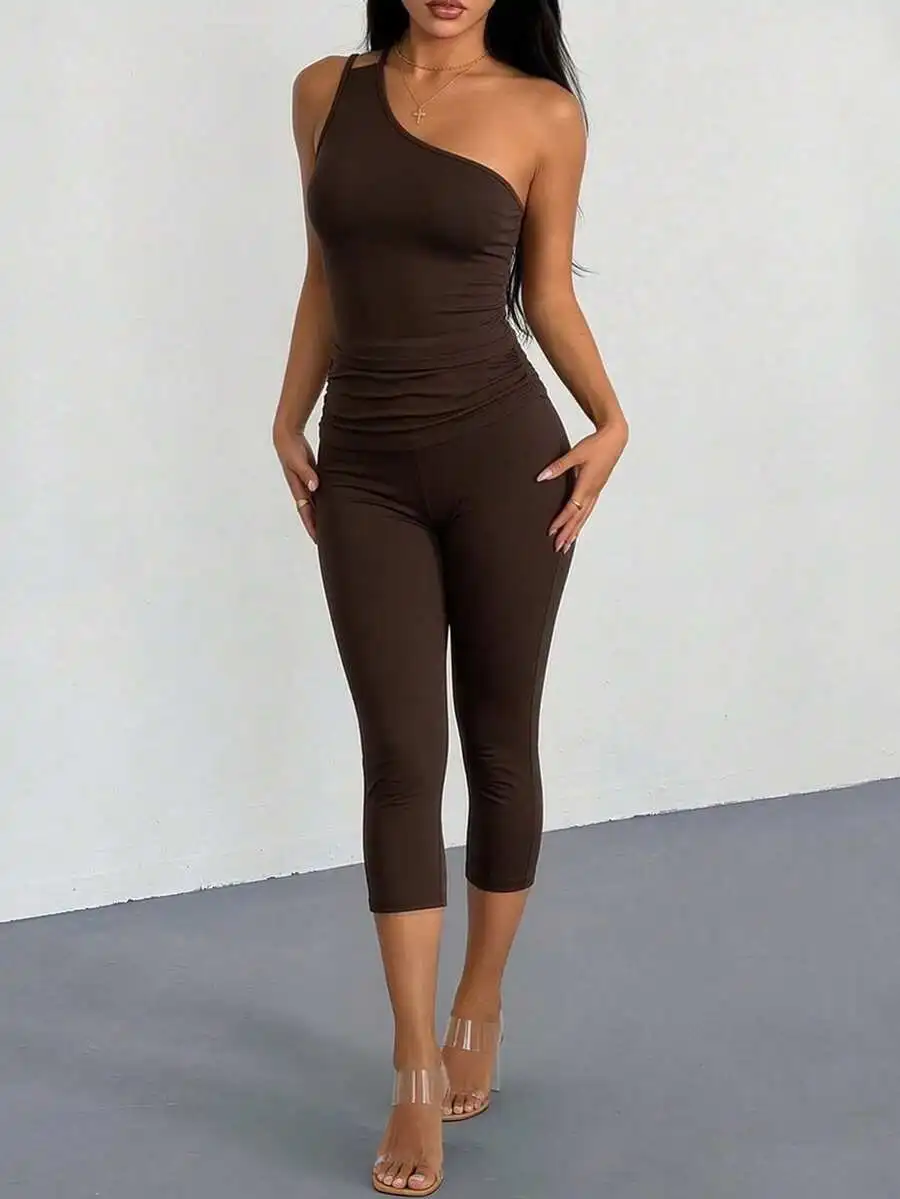 

Brown One Shoulder Two Piece Set Women Slim Fit Casual Sporty Y2K Style Capri Pants Outfit
