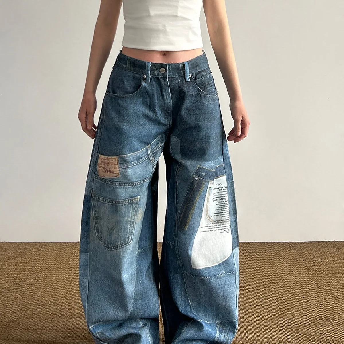 

American Retro Washing Design Sense Patch Patch Printed Jeans Women Spring Autumn New Loose Straight Wide-Leg Floor Trousers