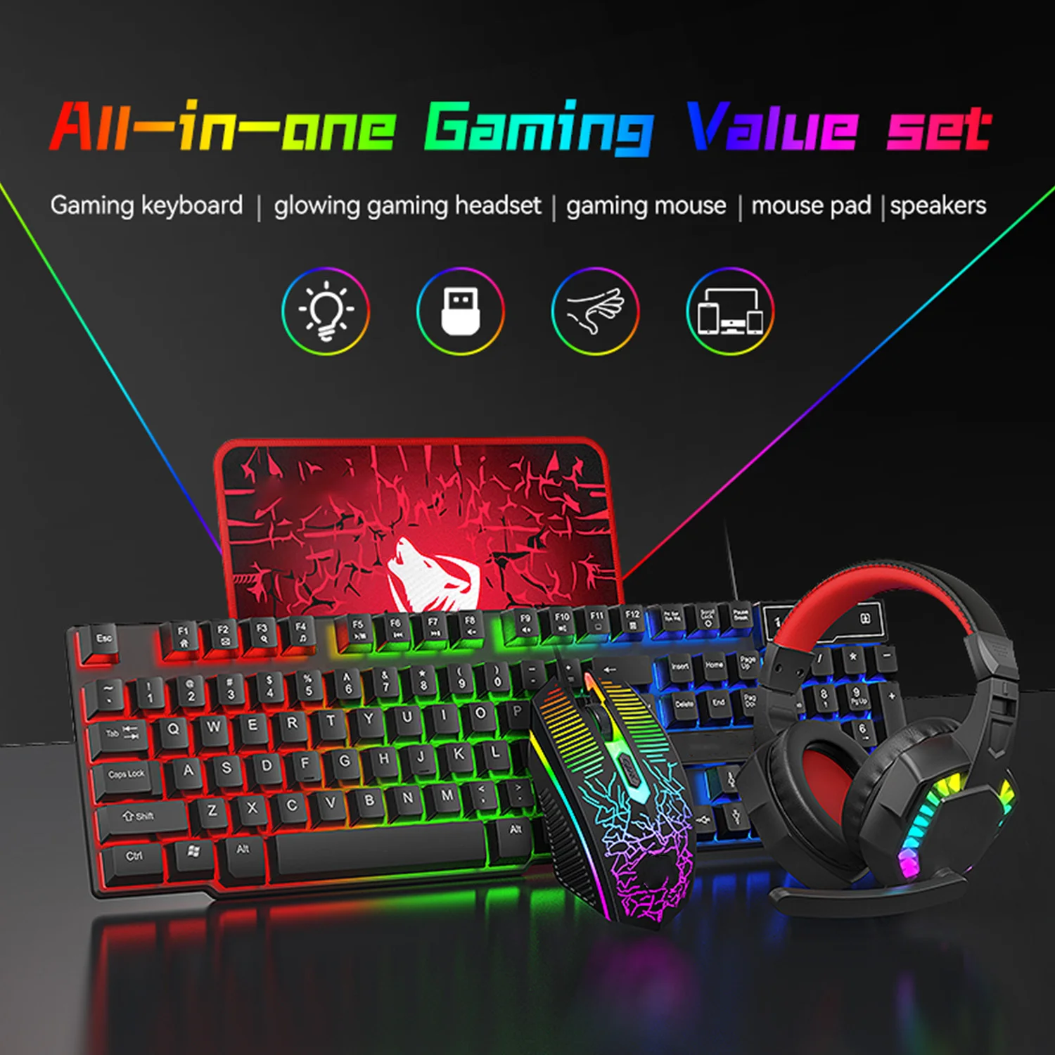 

НОВАЯ механическая игровая клавиатура, динамик 5 в 1, комплект RGB, механическая клавиатура, игровые наушники, мышь, геймерская комбинированная USB-проводная связь