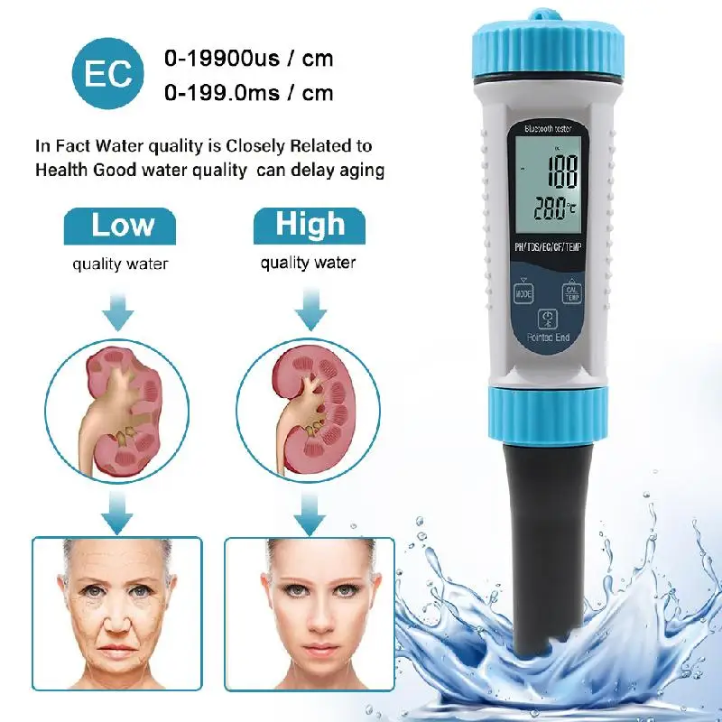 Multi-Functional Water Quality Tester PH/EC/CF/Temp/TDS Meter APP Control Digital BT PH Meter For Drinking Water Pool Aquarium