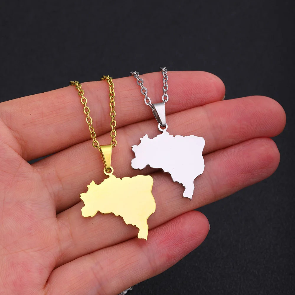 2024 new fashion stainless steel glossy Brazil map pendant necklace temperament everything collarbone chain birthday anniversary