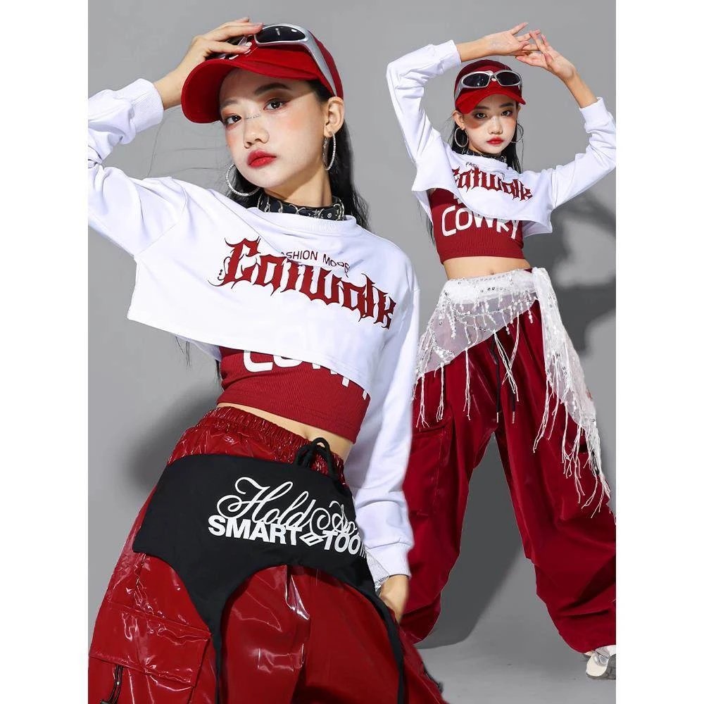 女の子ヒップホップダンス服長袖クロップトップス赤革カーゴパンツ-kpop-ジャズパフォーマンス服子供ステージ着用-l17919