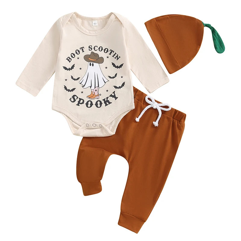 

Baby Boy Girl Halloween Outfit Letter Print Long Sleeve Romper Shirt Pants Beanie Hat Set Fall Winter Clothes