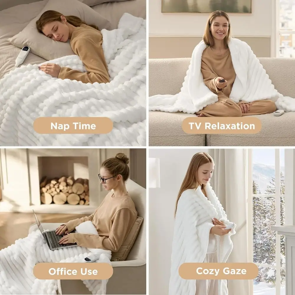 بطانية كهربائية من الفلانيل ذات شريط سميك بحجم مزدوج مع 10 مؤقتات و6 مستويات حرارية وإيقاف تلقائي لمدة 8 ساعات للجدة (62 × 84 أبيض)