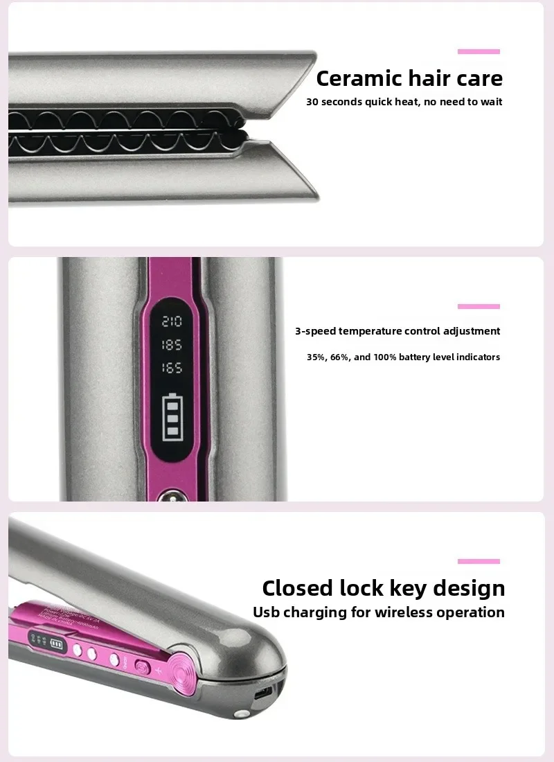 Mini Wireless Charging Hair Curler Straightener Combo, Compact Flat Iron for Fluffy Portable Hairstyle Making