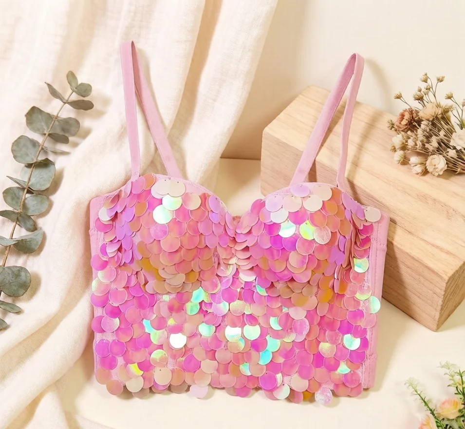 

Stage Costume Sexy Corset Party Club Street Lingerie Look Fish Scale Sequin Camisole Highlight Bra