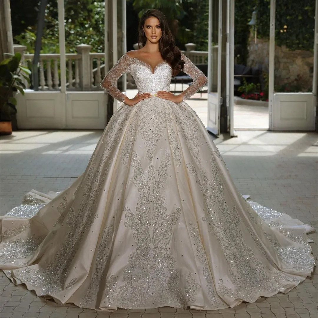 Luxury Ball Gown Wedding Dresses Long Sleeves V Neck Sequins Appliques Bead Ruffles Zipper DiamondsBridal Gowns Vestina De Novia