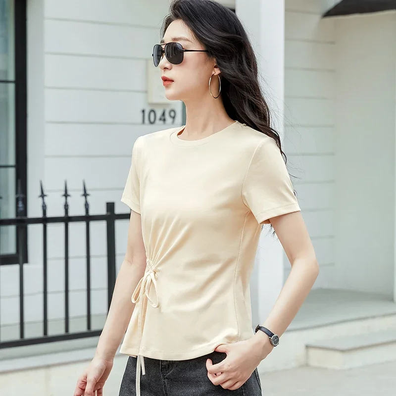 Summer New Short Sleeve T-shirt Side Drawstring Round Neck Cotton Comfortable Fashion Slim Fit Women\'s Top
