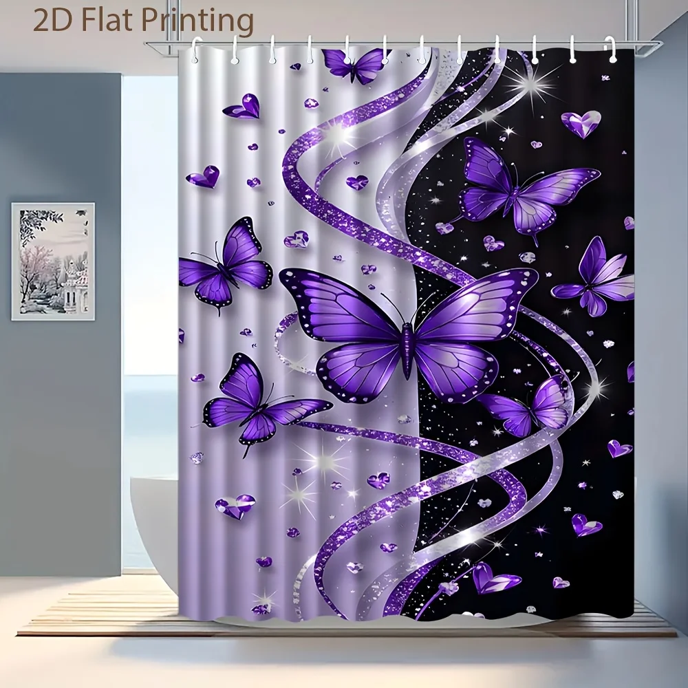 2D Flat, 1pc 2D Flat, Purple And Sparkling Gradient Background, Fresh Pattern Printed Shower Curtain, High-End Elegant And Easy