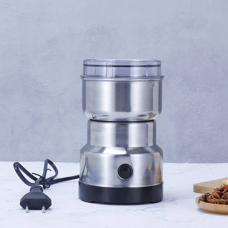 

Silver Mini Electric Coffee Grinder for Household Use for Spices and Seeds with 2 Removable Stainless Steel Bowls