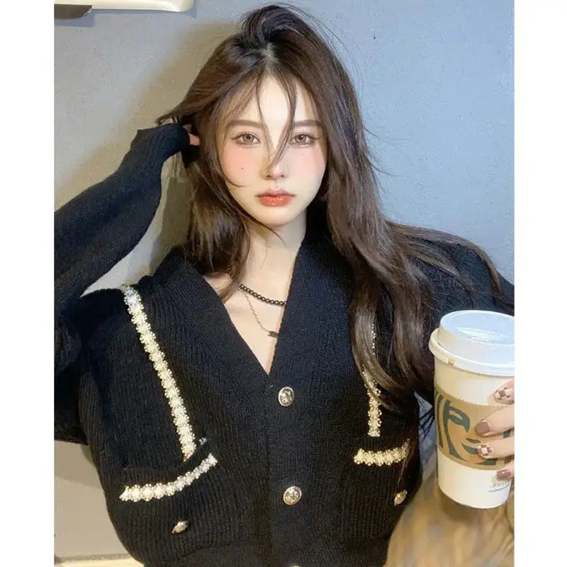 

V-neck Knitting Cardigan Women Autumn Winter Fashion Office Lady Solid Color Sweater Coat Simplicity All-match Knitwear Tops